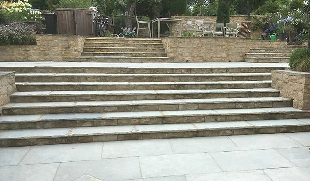 Broad paved steps rising through a terraced garden