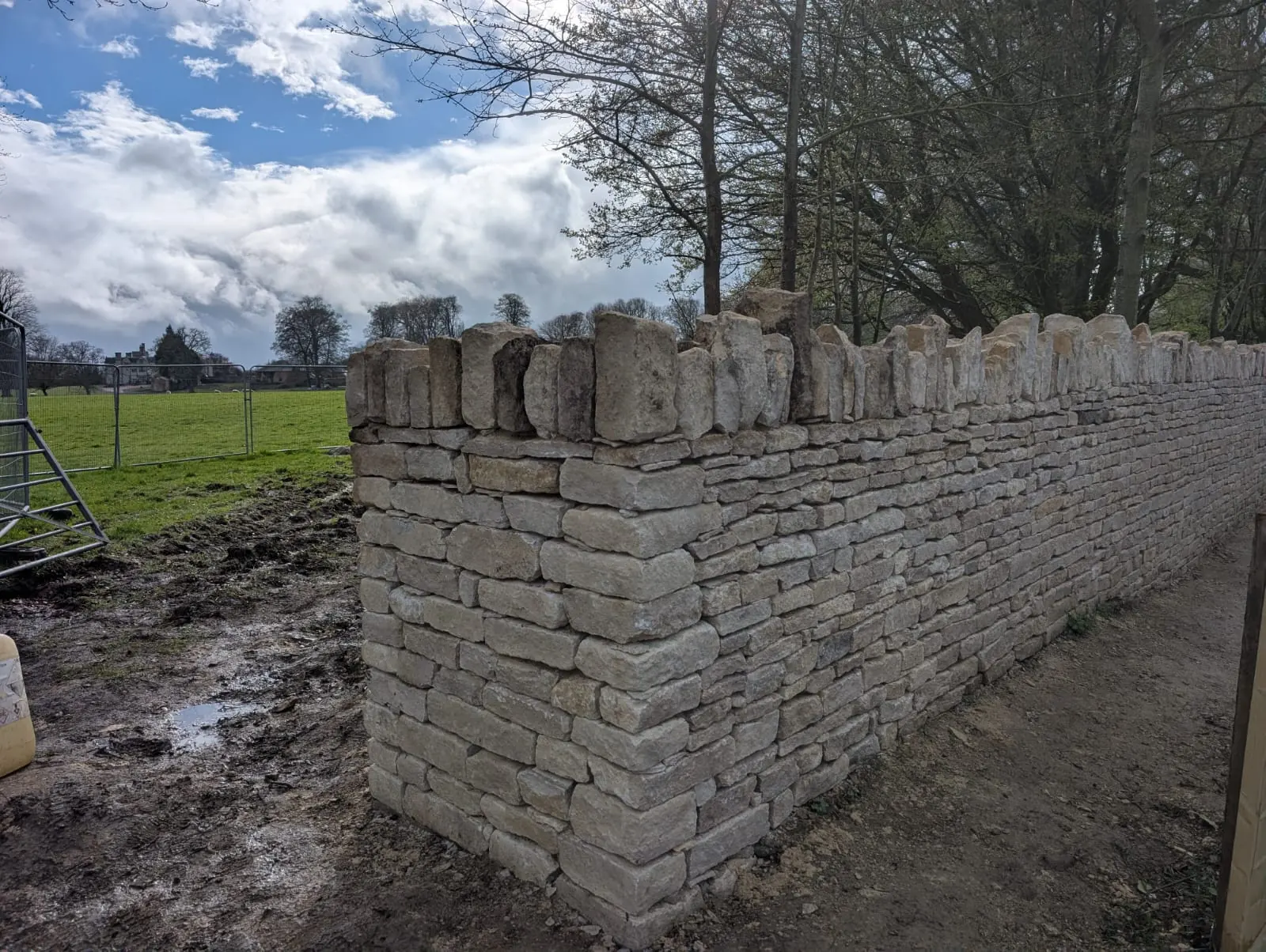 A newly built coursed stone boundary wall with upright coping stones