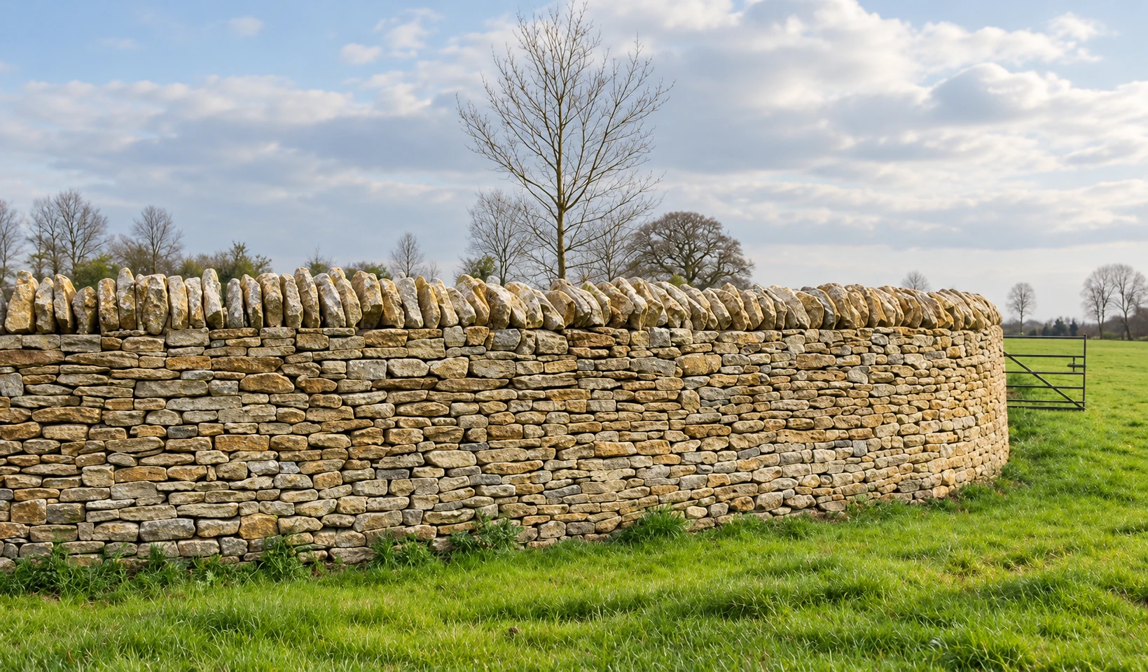 A long curved dry stone wall across a field