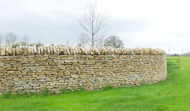 A long curved dry stone wall across a field