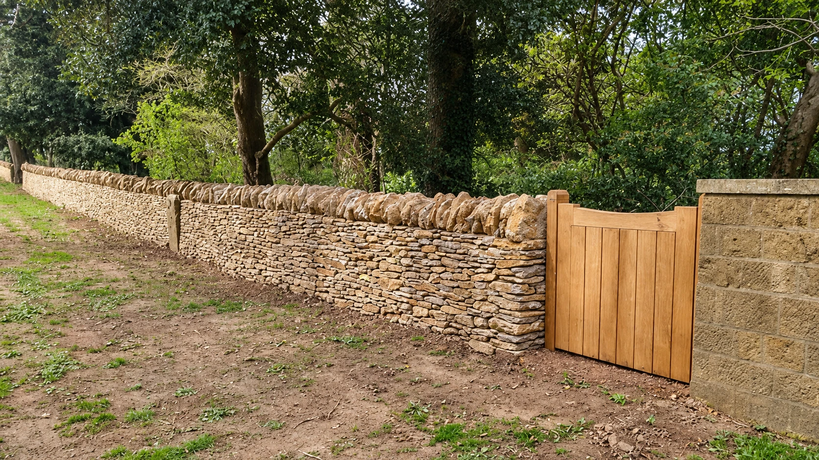 A long dry-stone boundary wall beneath mature trees with an oak pedestrian gate
