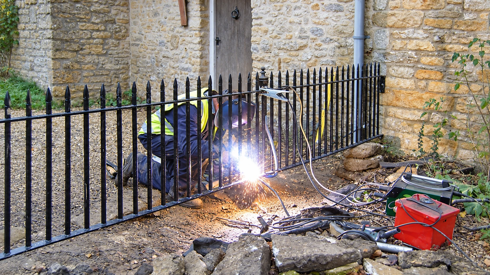 A welder fitting black wrought iron railings outside a stone cottage