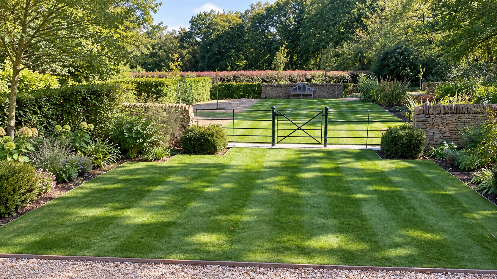 A striped lawn leading through a metal gate to an enclosed garden