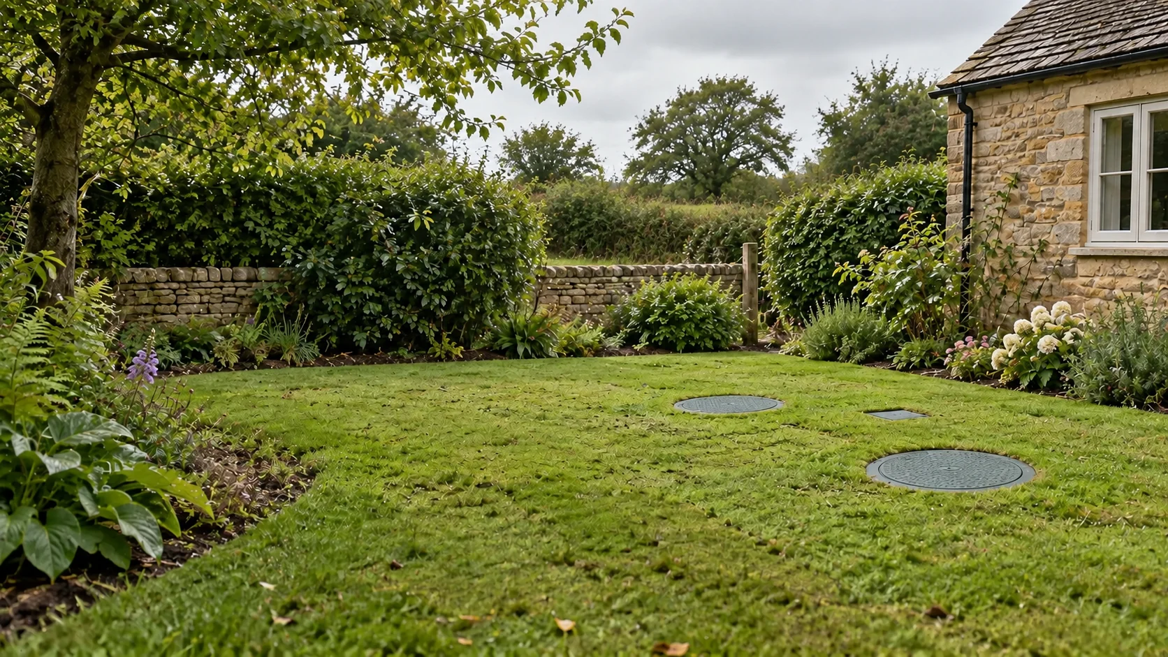A restored garden lawn with discreet access covers for a completed septic tank installation