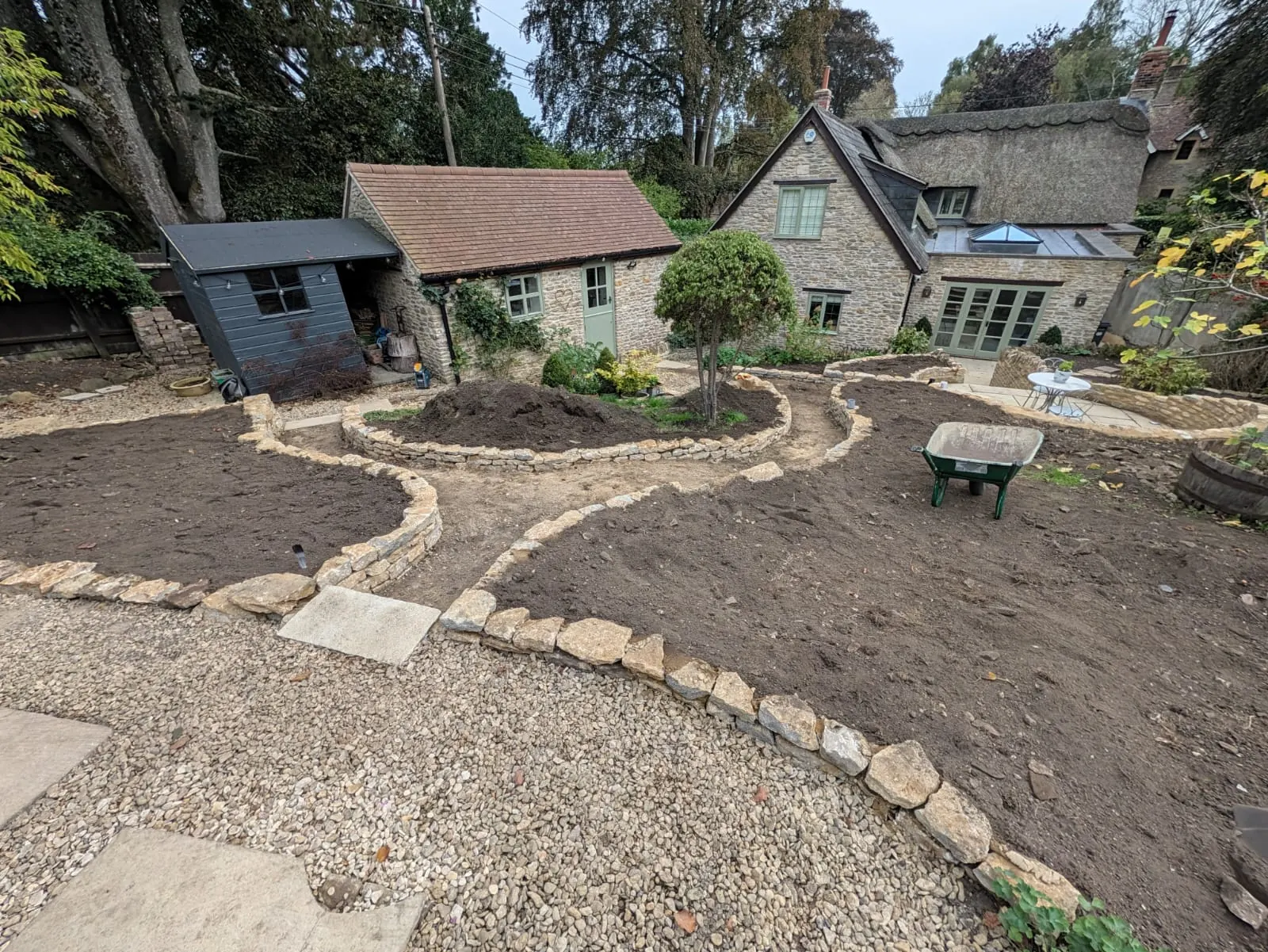A cottage garden shaped with flowing natural stone edging