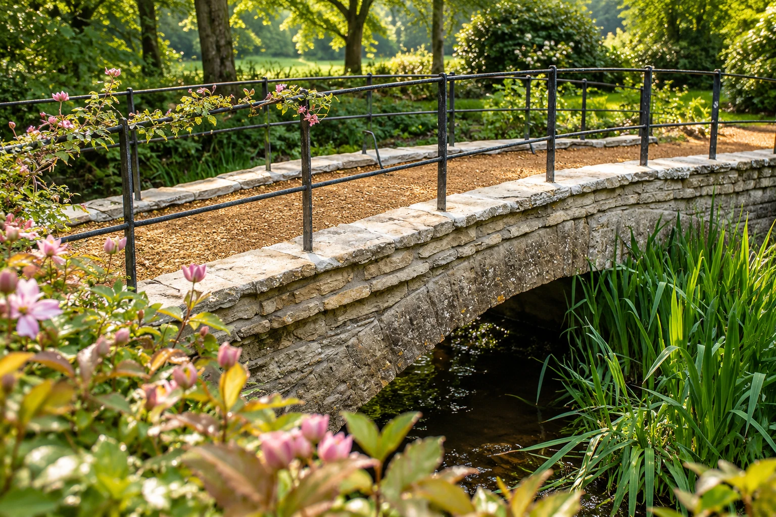 A curved stone bridge over a stream in a planted garden, Somerset