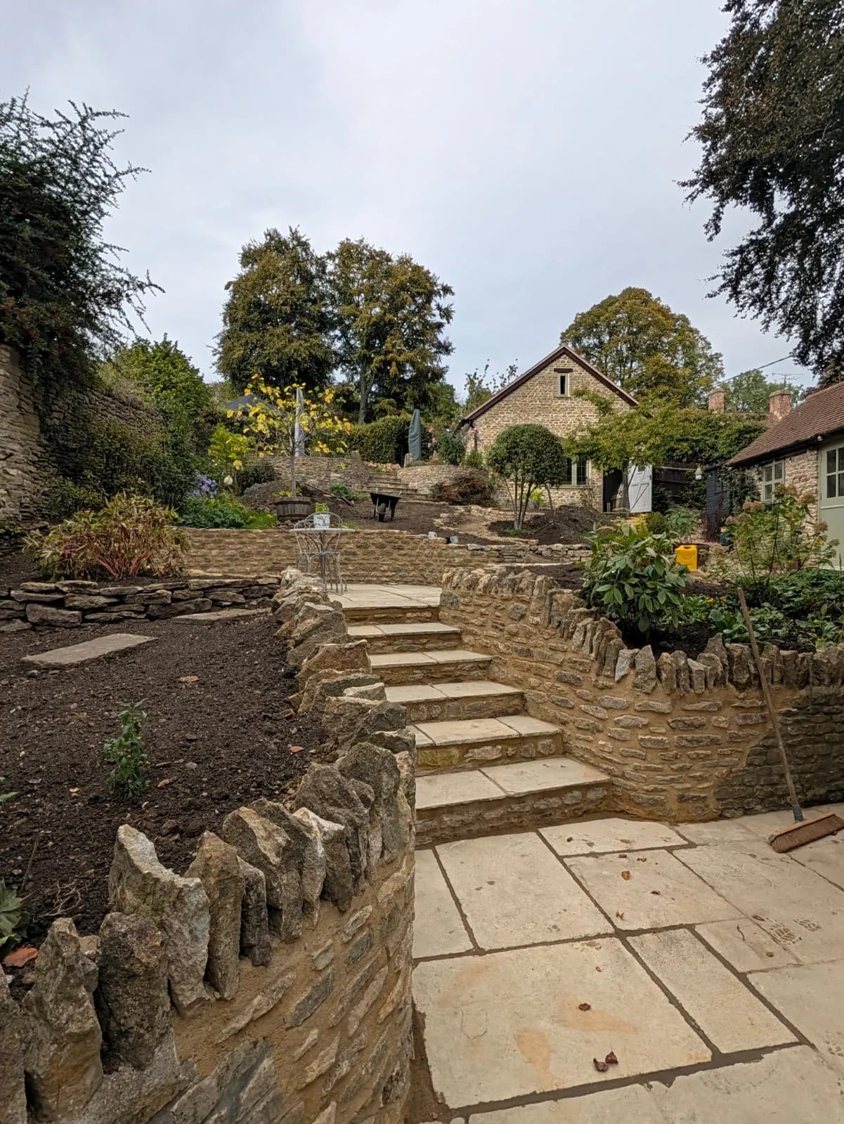 A wide view of stone steps rising through a terraced garden
