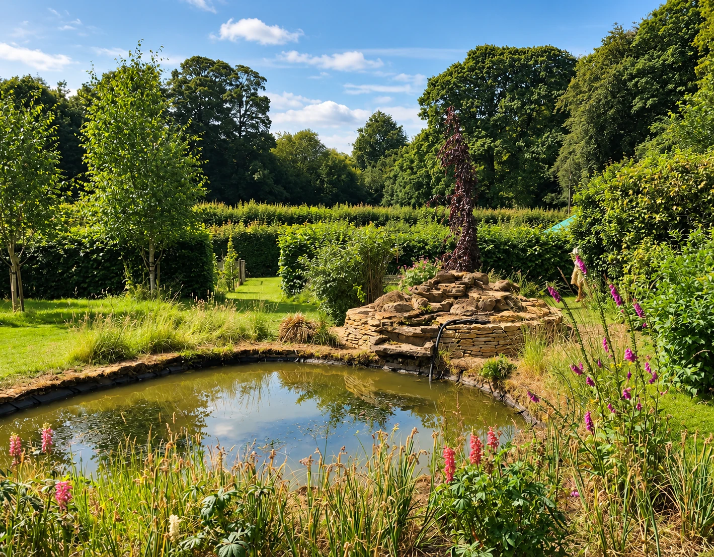 A wildlife pond with planting, trees and a stone feature in a landscaped garden